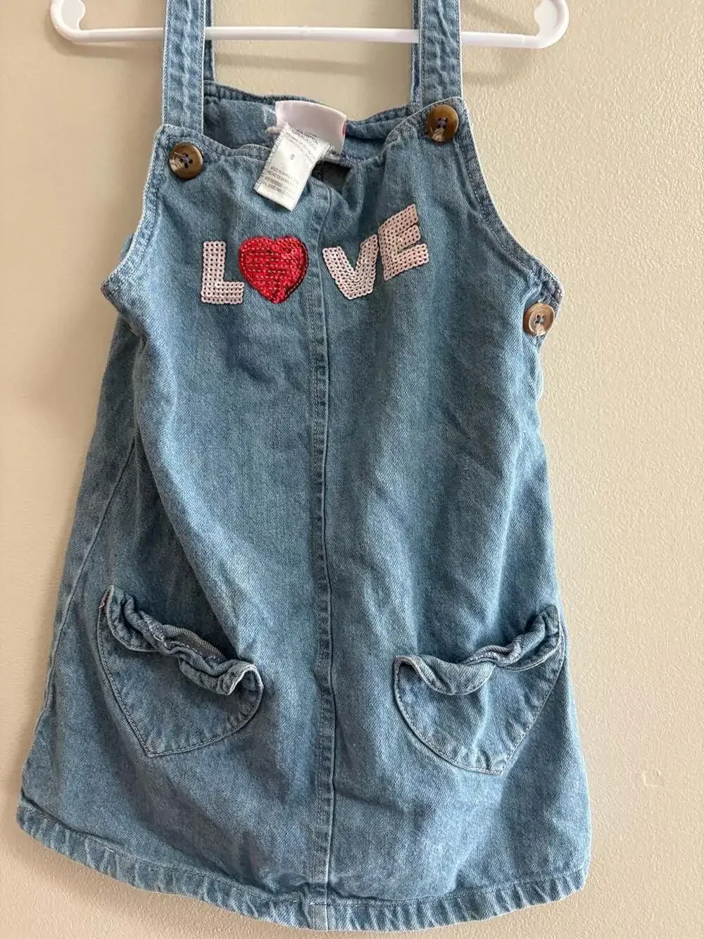 Little Lass Girls Denim Overall Dress Size 6 LOVE Sequin Heart